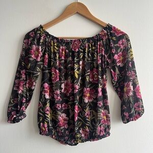 Whimsical Floral Off Shoulder Peasant Blouse | Fairycore Boho Sheer Top | Sz XS